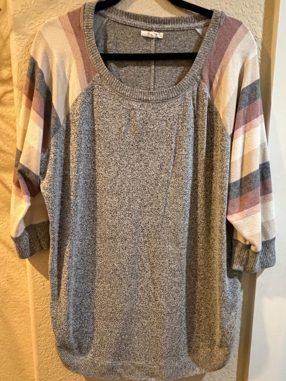 Maurices Heather Gray Pullover with Pink and Cream Striped Raglan Sleeves
